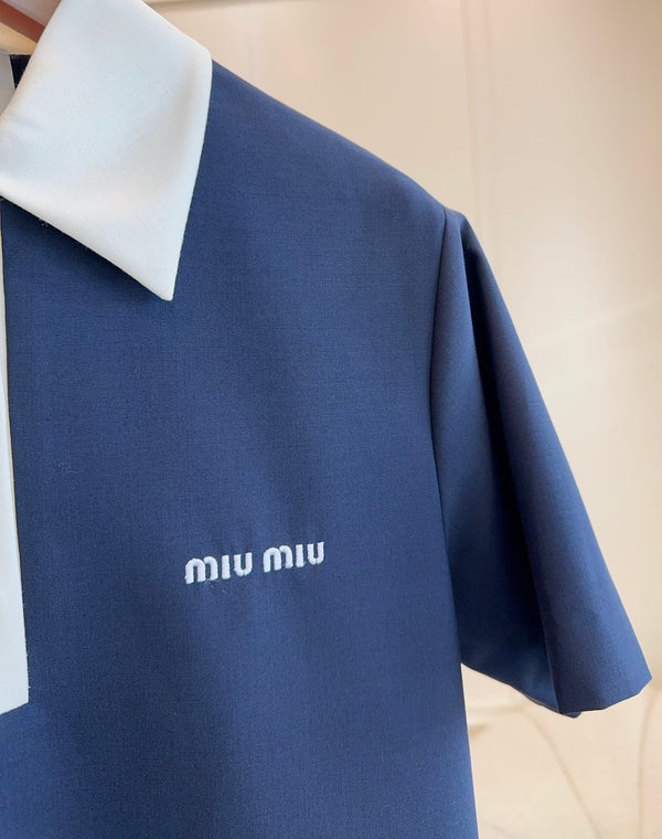 Miumiu 2025 Short-sleeved Pleated Dress Navy Blue Cotton