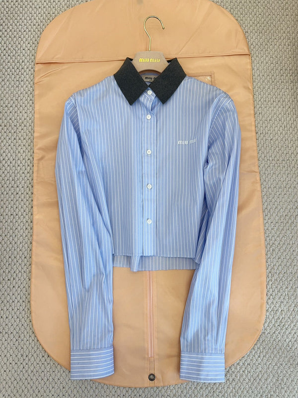 Miumiu 2025 Striped Short Shirt Blue Cotton
