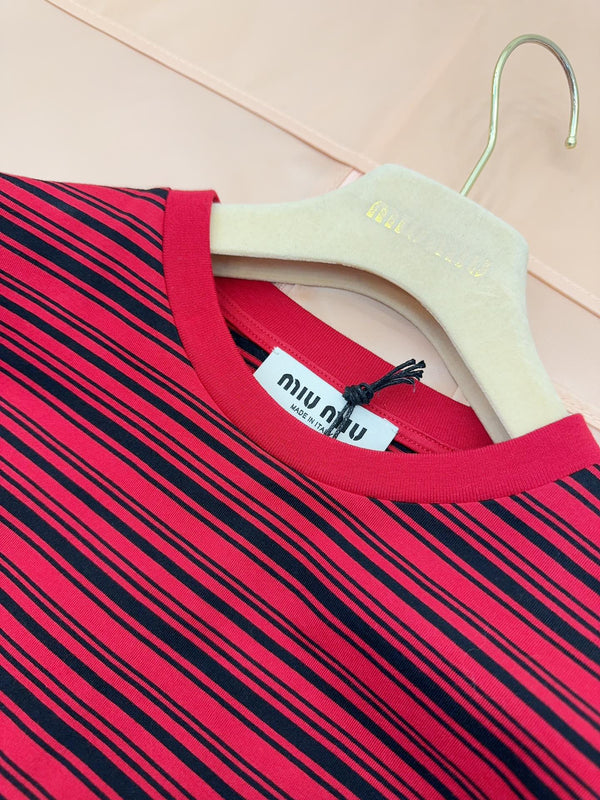 Miumiu 2025 Striped Long-sleeved T-shirt Red Cotton