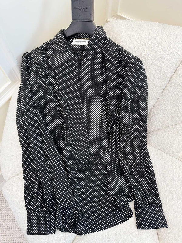 YSL 2025 Polka Dot Shirt Black mix White Silk