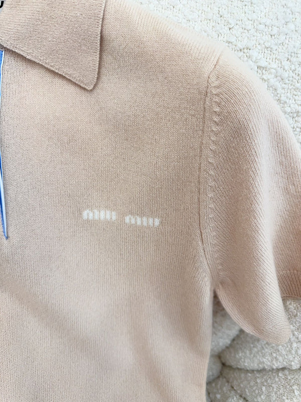 Miu Miu 25 Striped Polo Short-sleeved Sweatshirt Beige Cashmere