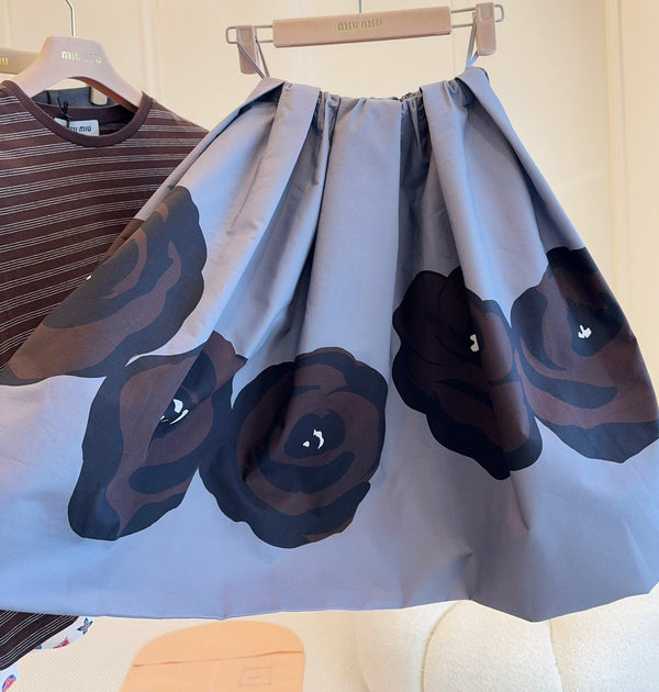 Miu Miu 25 Floral Fluffy Skirt Gray Cotton