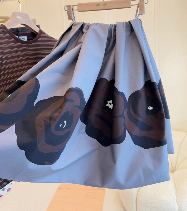 Miu Miu 25 Floral Fluffy Skirt Gray Cotton