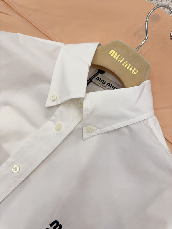Miu Miu 2025 Logo Embroidered Long-sleeved Shirt White Cotton