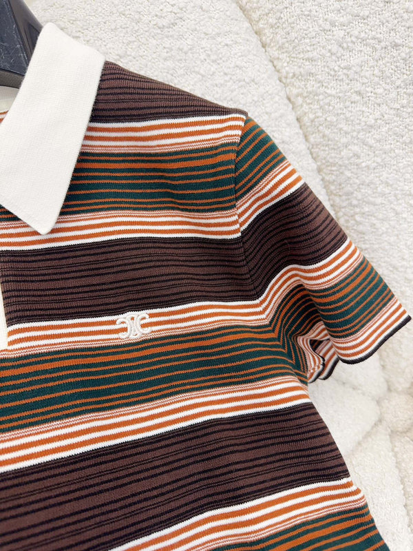 Celine 25 Striped Polo Shirt Brown Cotton