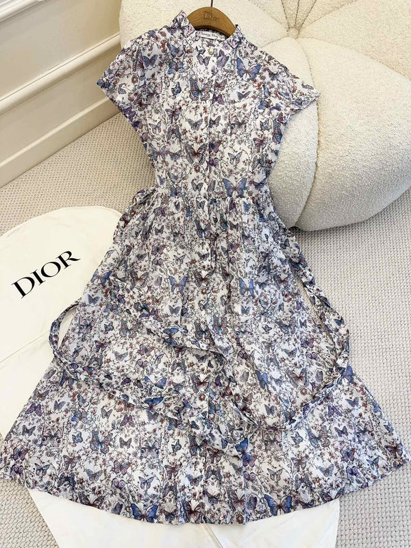CD 2025 Butterfly Floral Print Dress Multicolor Cotton