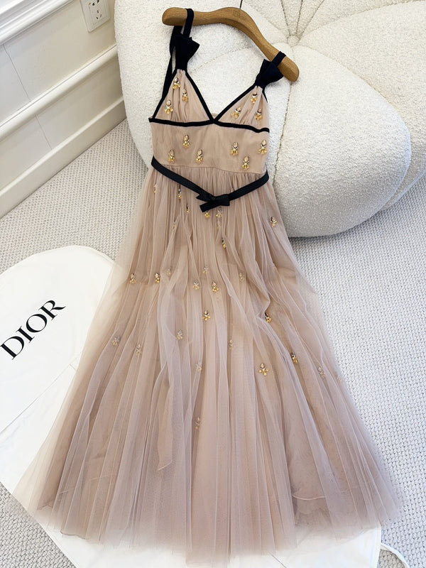 CD 2025 Beaded Dress Gray-pink Mesh Silk