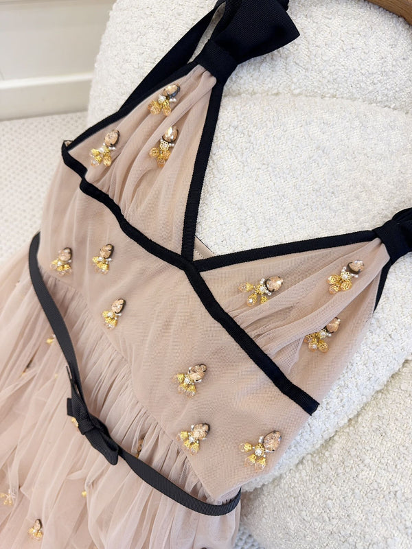 CD 2025 Beaded Dress Gray-pink Mesh Silk