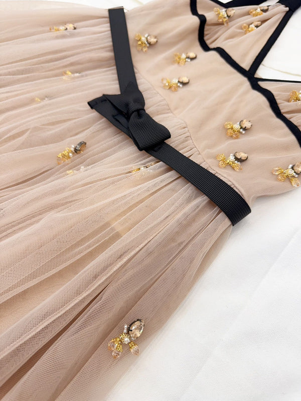 CD 2025 Beaded Dress Gray-pink Mesh Silk