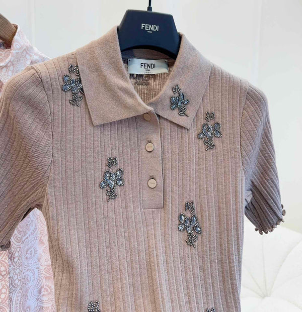 Fendi 25 Beaded Polo shirt Pure Beige Cotton