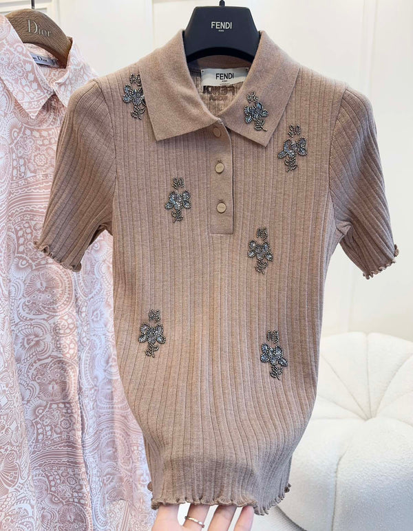 Fendi 25 Beaded Polo shirt Pure Beige Cotton