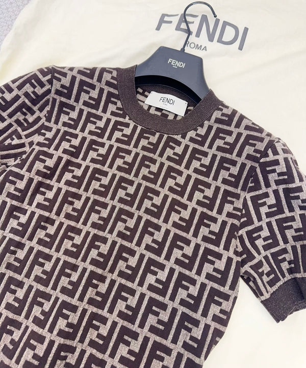 Fendi 25 Short-sleeved Knitted T-shirt Brown Cotton