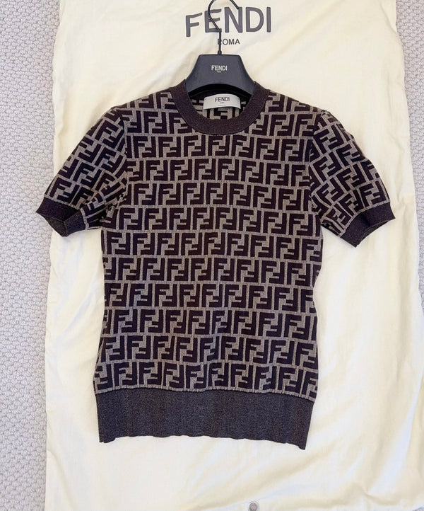Fendi 25 Short-sleeved Knitted T-shirt Brown Cotton