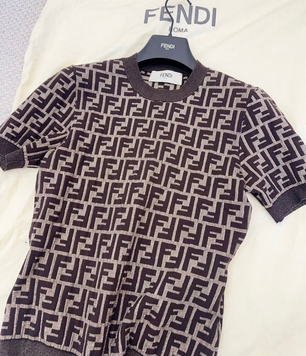 Fendi 25 Short-sleeved Knitted T-shirt Brown Cotton