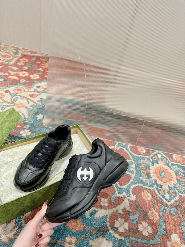 GG RHYTON TRAINER BLACK CALFSKIN WITH WHITE LOGO