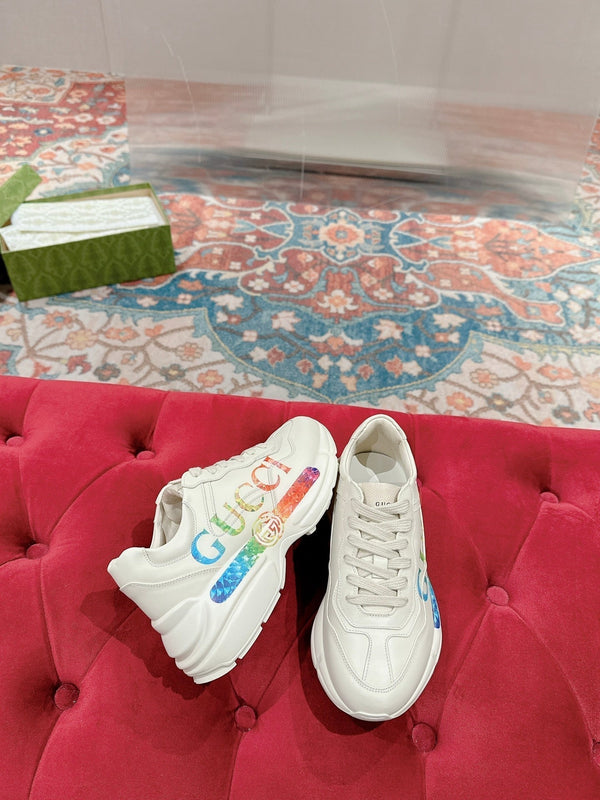 GG RHYTON TRAINER WHITE CALFSKIN WITH MULTI PATTERNS