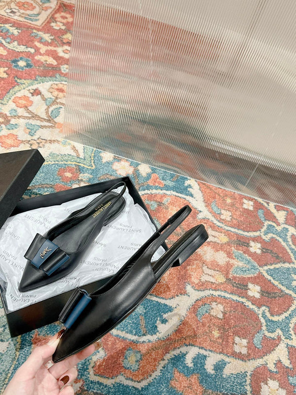 CASSANDRA SLINGBACK FLAT IN BLACK MIX BLUE SMOOTH LAMBSKIN