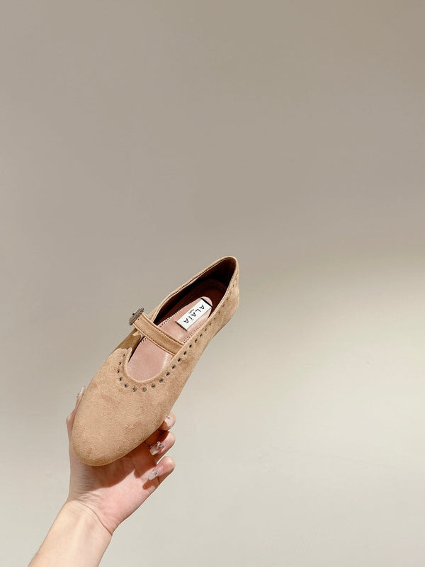 ALAIA MARY JANE IN BEIGE SUEDE WITH SILVER HARDWARE