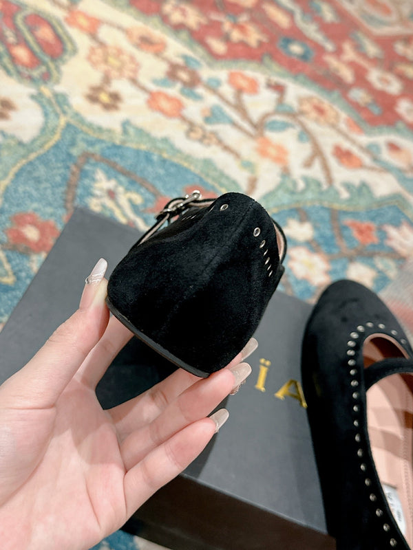 ALAIA MARY JANE IN BLACK SUEDE WITH SILVER HARDWARE