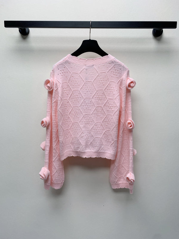 CC 25 Knitted Three-Dimensional Flower Tie Cardigan in Pink 277588