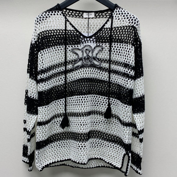 Celine 25 Hollow Crochet Cardigan Black White Wool Polyester 277568