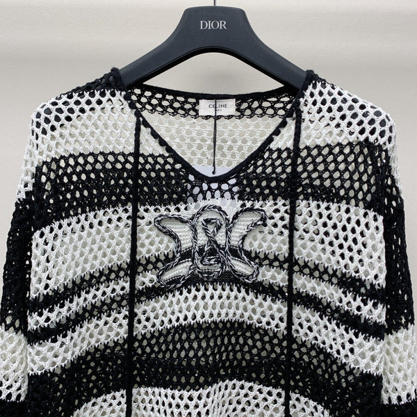 Celine 25 Hollow Crochet Cardigan Black White Wool Polyester 277568