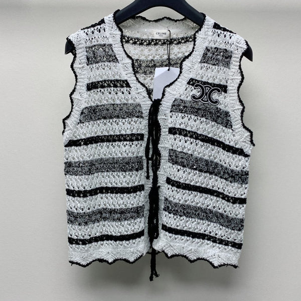 Celine 25 Striped Sleeveless Vest Black White Wool Polyester 277571