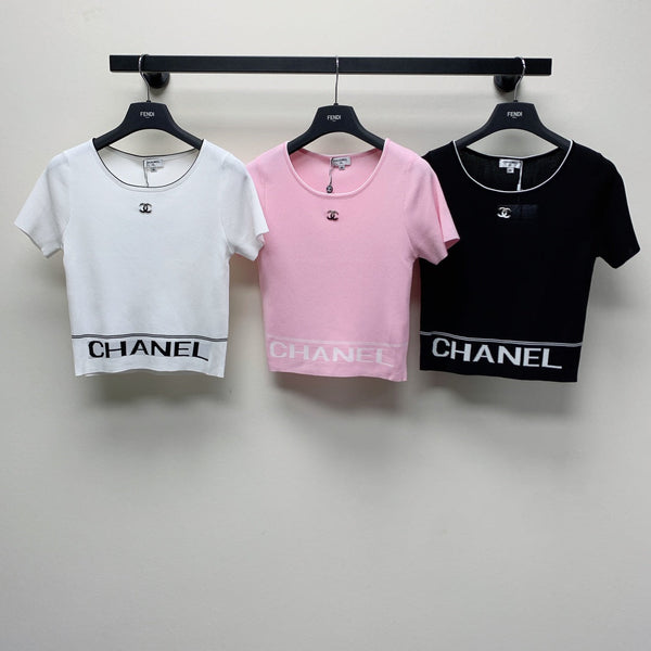 CC 25 Round Neck Knitted Embroidered Logo Top in White 277579