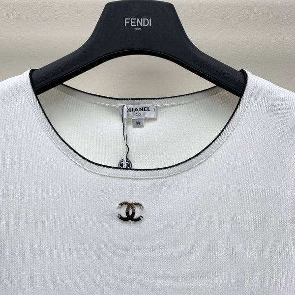 CC 25 Round Neck Knitted Embroidered Logo Top in White 277579