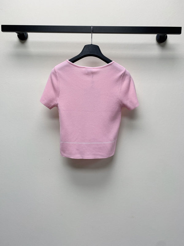 CC 25 Round Neck Knitted Embroidered Logo Top in Pink 277580