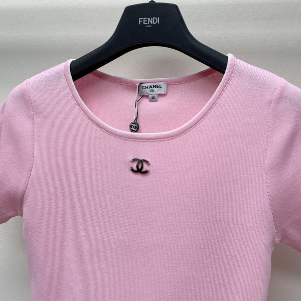 CC 25 Round Neck Knitted Embroidered Logo Top in Pink 277580