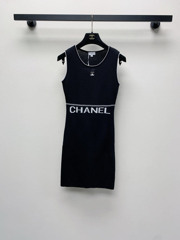 CC 25 Round Neck Knitted Embroidered Logo Vest Dress in Black 277585