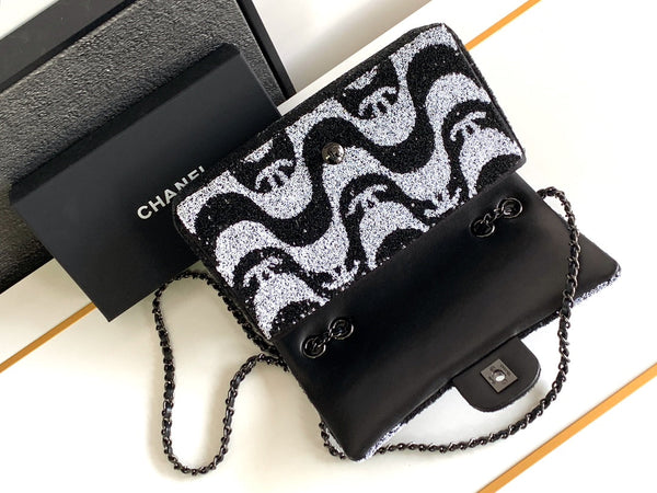 flap bag medium 25 black grey sequin silver hardware