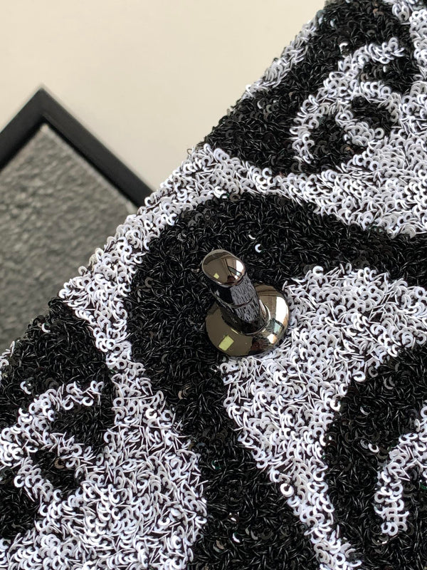 flap bag medium 25 black grey sequin silver hardware