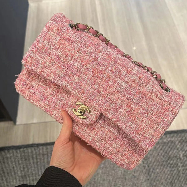 borsa a patta media 25 tweed rosa hardware argento