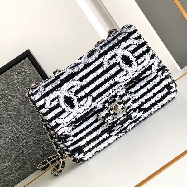 flap bag medium 25 black white sequin silver hardware