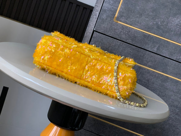 CC 25S Flap Bag 20cm Yellow Fringed Sequin Calfskin