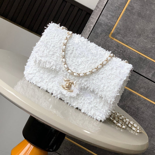 CC 25S Flap Bag 20cm White Fringed Sequin Calfskin