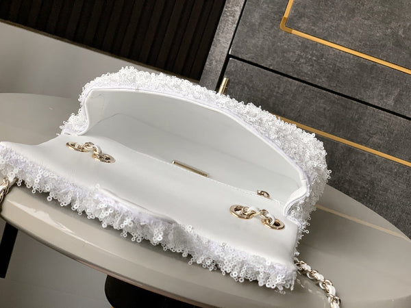 CC 25S Flap Bag 20cm White Fringed Sequin Calfskin
