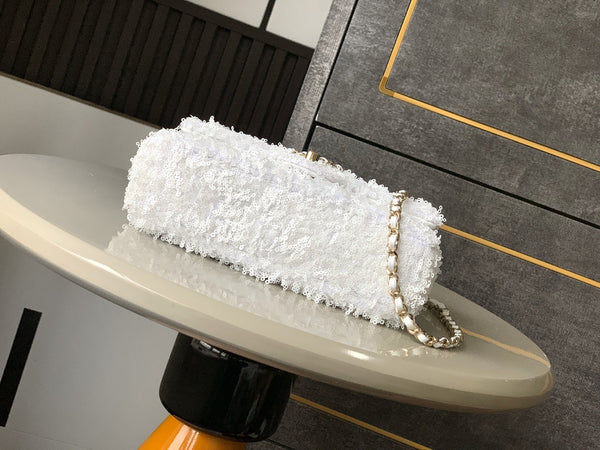 CC 25S Flap Bag 20cm White Fringed Sequin Calfskin