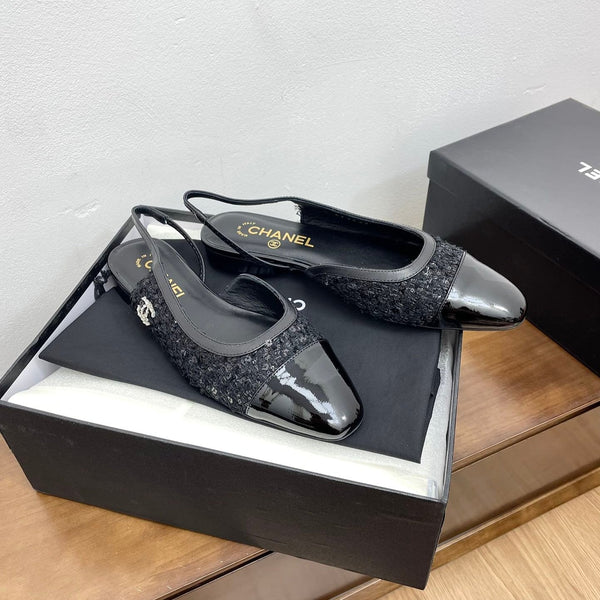 CC Slingback in tessuto tweed nero e pelle di vitello