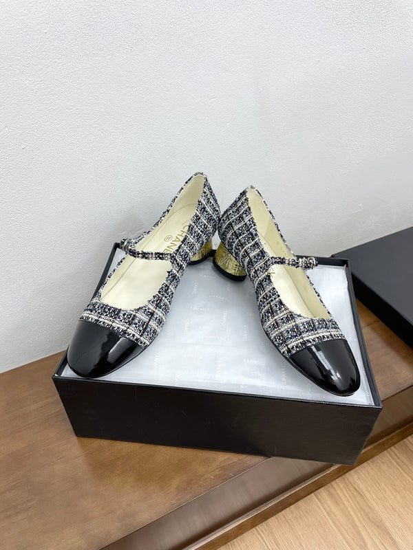 CC Mary Jane Black Tweed Farbic And Cowhide