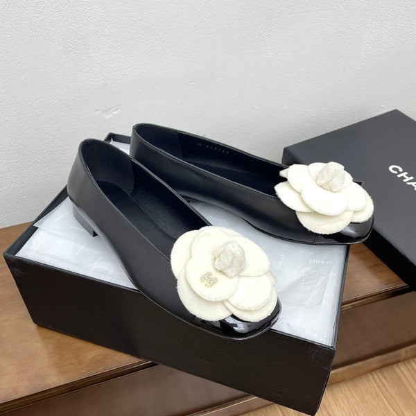 CC Ballet Flats Black With Camellia White Lambskin