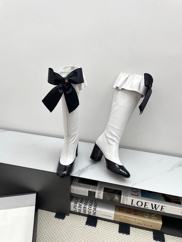 CC Big Bow Chunky Long Boots 80mm Black White Suede 427063