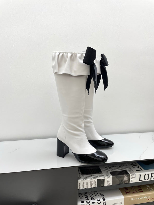 CC Big Bow Chunky Long Boots 80mm Black White Suede 427063