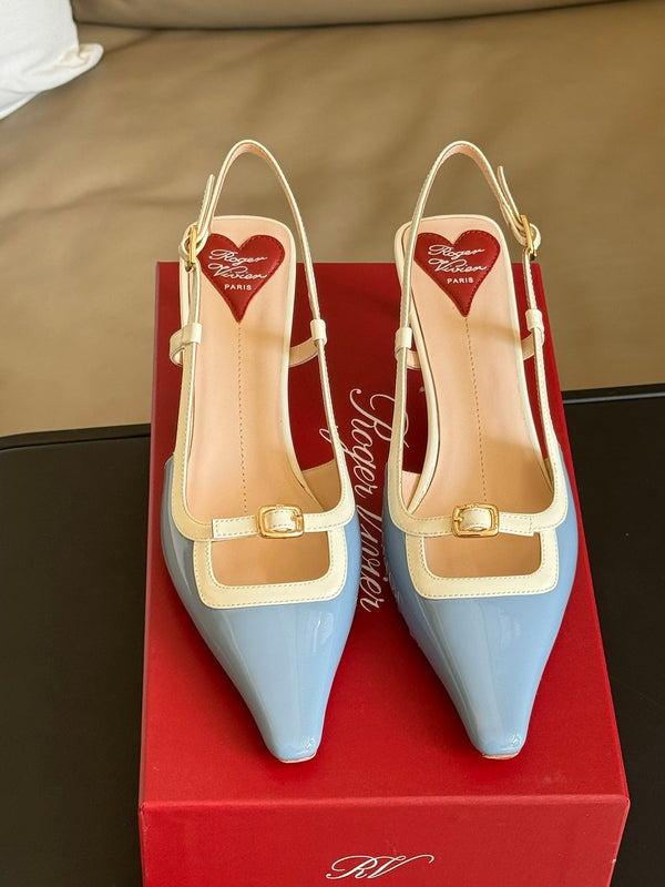 Viv Canard Slingback Pumps 55 in vernice bianca e pelle azzurra