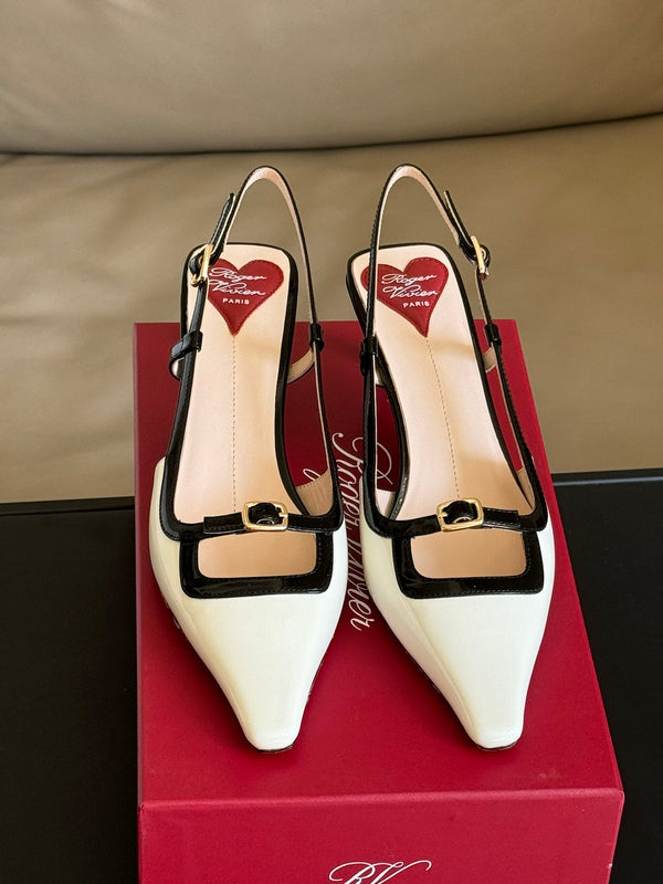 Viv Canard Slingback Pumps 55 in Patent White Black Leather