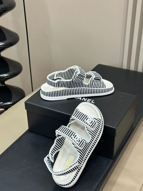 cc dad sandal striped black white fabric calfskin
