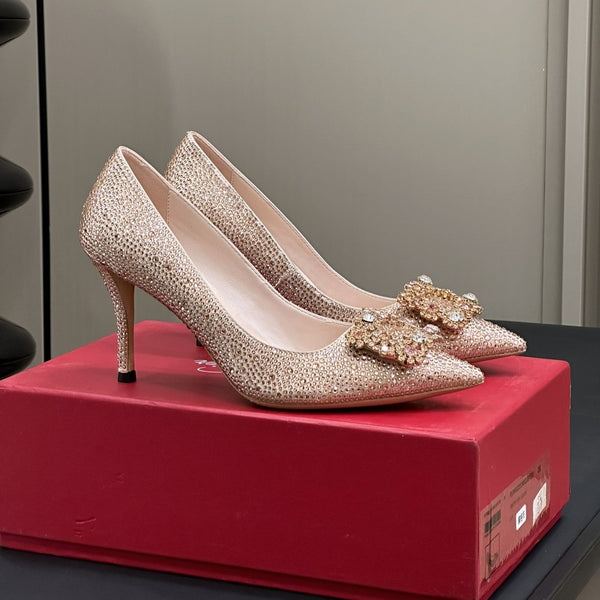 Flower Strass Buckle Pump 85 Crystal Rose Cannelle Leather