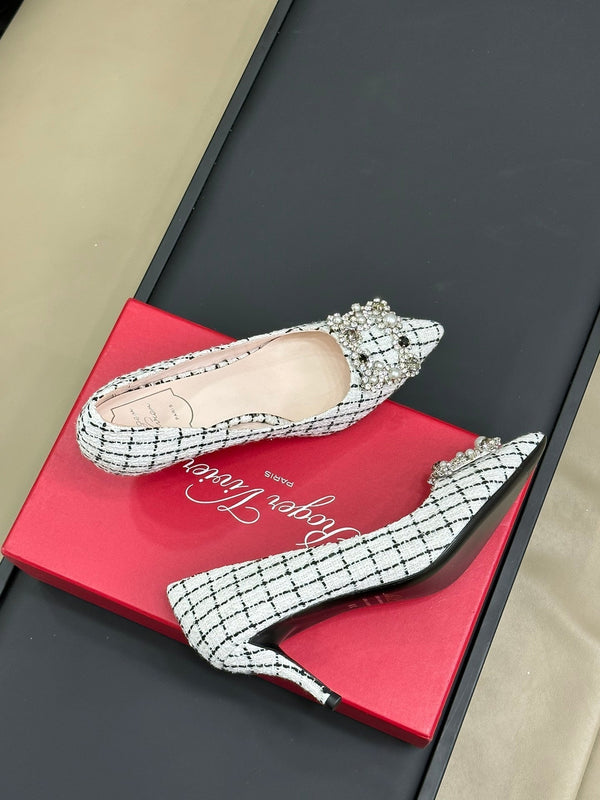 Flower Strass Buckle Pump 85 White Black Fabric